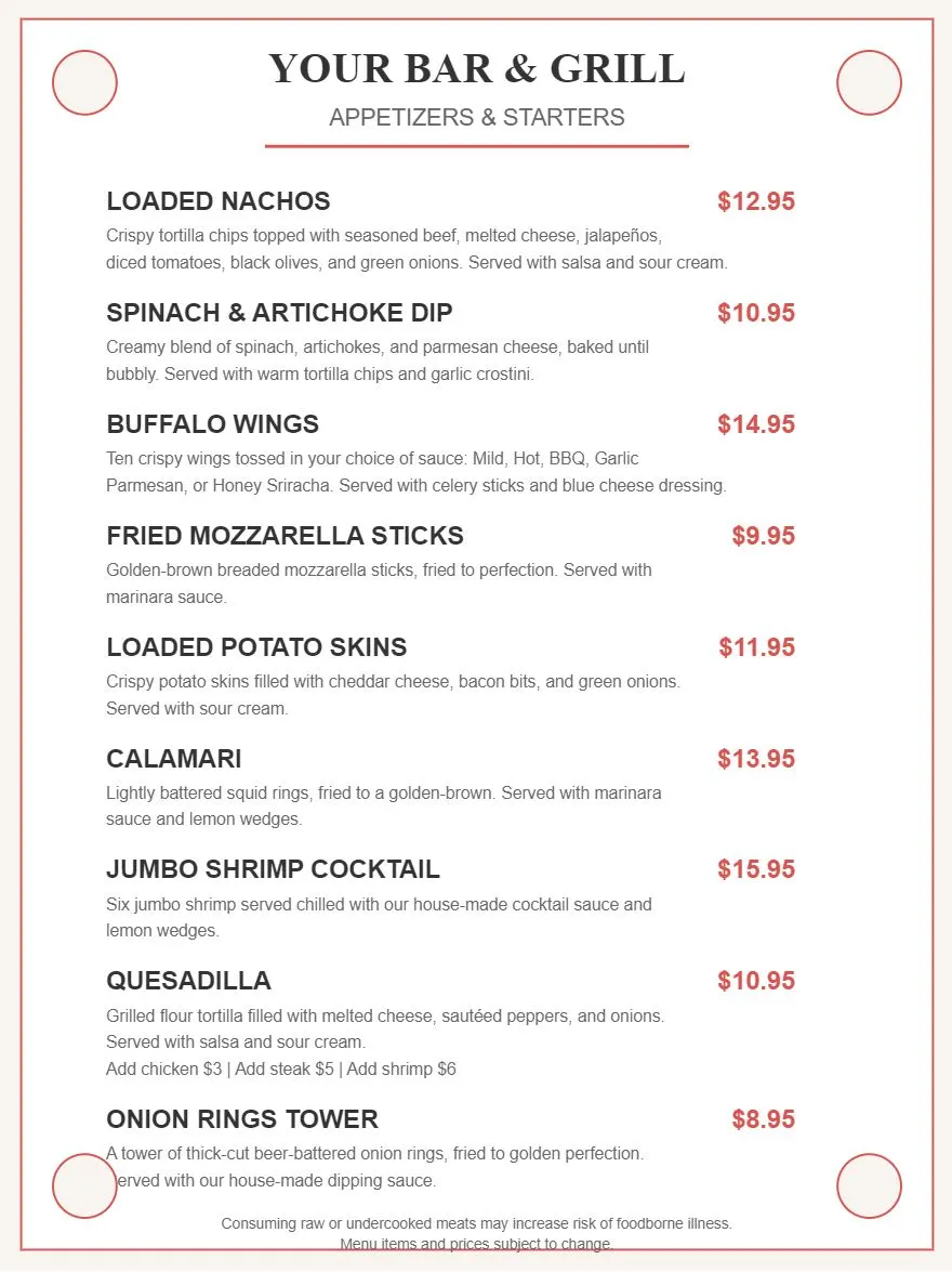 Your Bar & Grill Menu - Appetizers and Starters