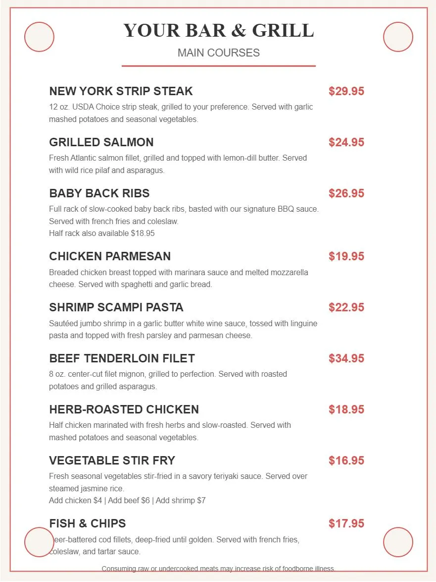 Your Bar & Grill Menu - Main Courses