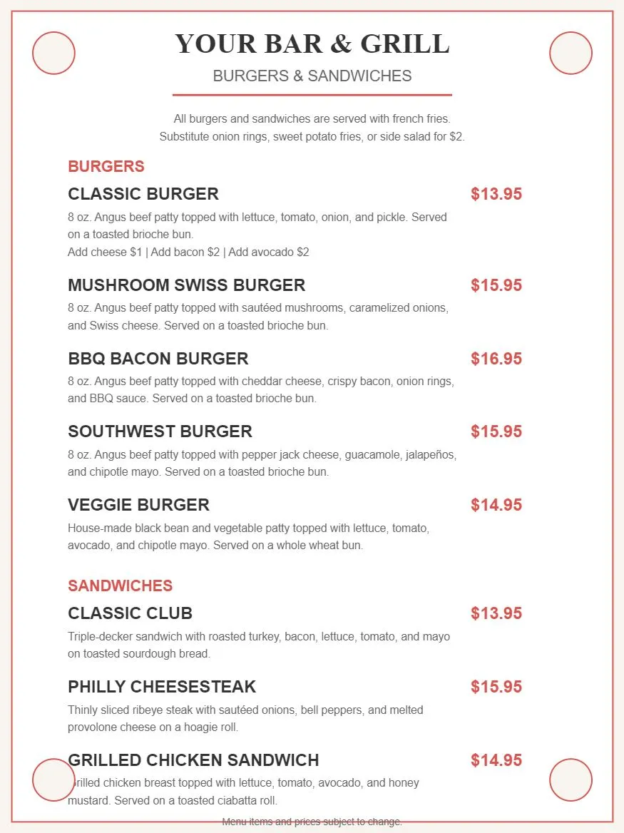 Your Bar & Grill Menu - Burgers and Sandwiches