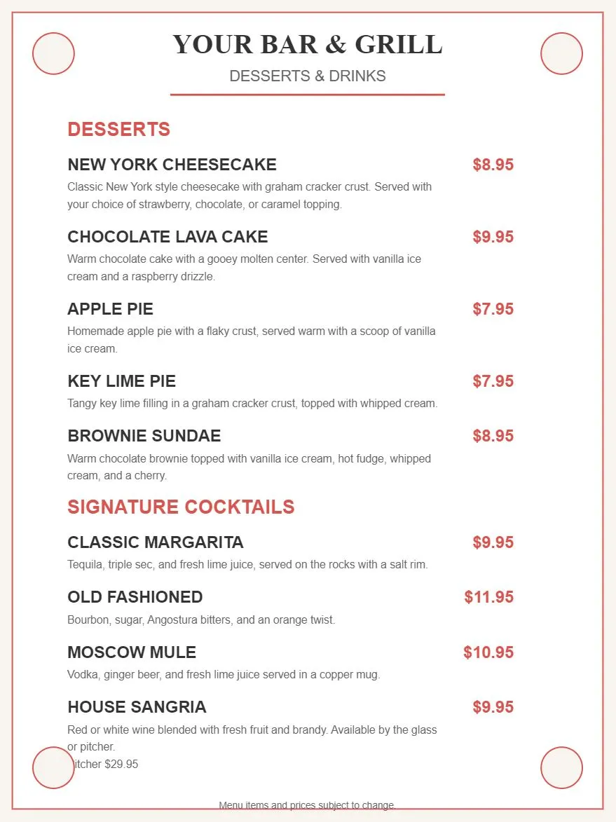 Your Bar & Grill Menu - Desserts and Drinks